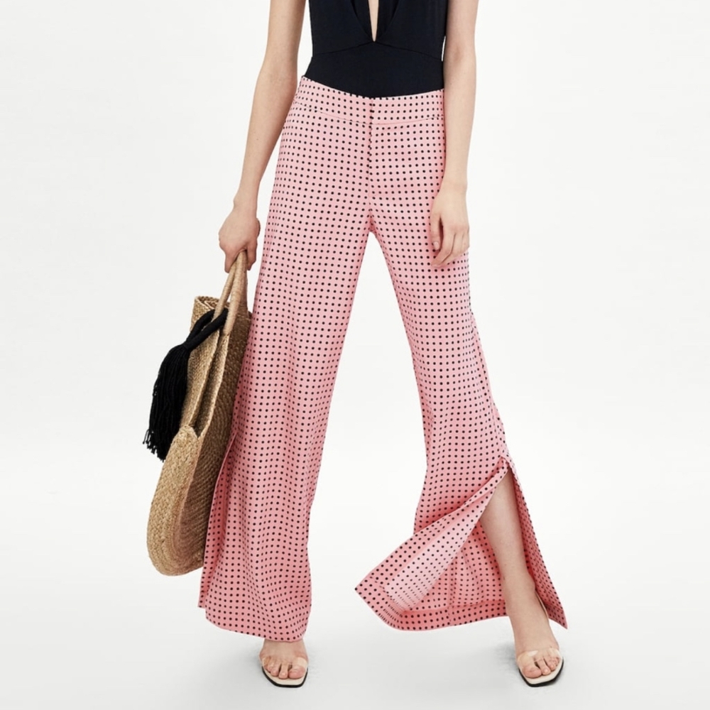 ZARA Polka Dot Wide Leg Pants Flowy Slit High Waist Palazzo Trousers Pink Black